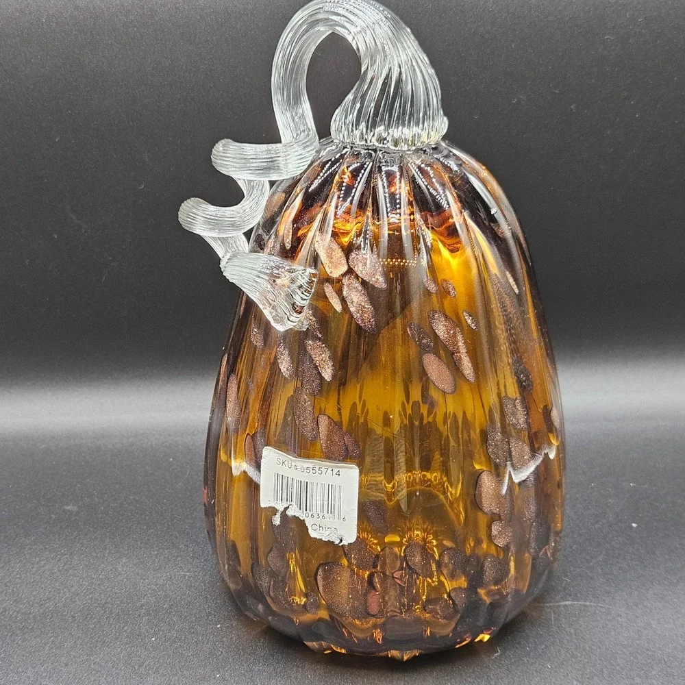 Amber Glass Pumpkin Gourd Copper Aventurine Flecks Hand Blown Fall Decor 9.5